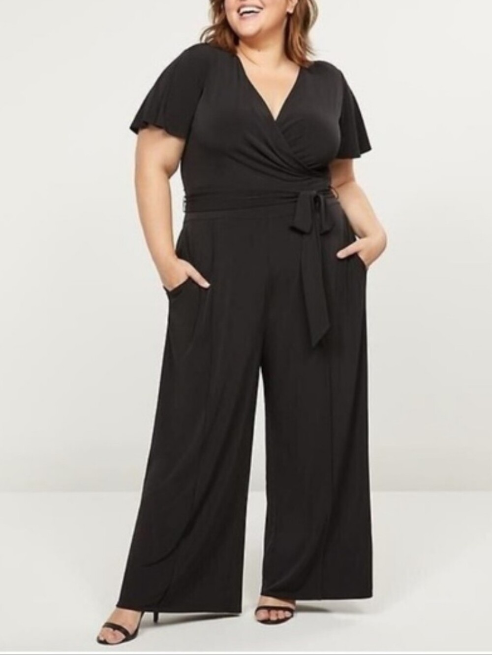 Lane Bryant Black Wrap-Front Wide-Leg Jumpsuit